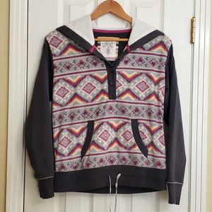 Kensie Womens Long Sleeve Pullover Hooded Sweatshirt 1/4 Button Aztec Faux Fur M